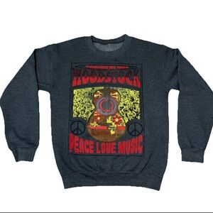 Woodstock Crew Neck Sweatshirt Small Dark Grey Graphic Pullover Peace Love Music